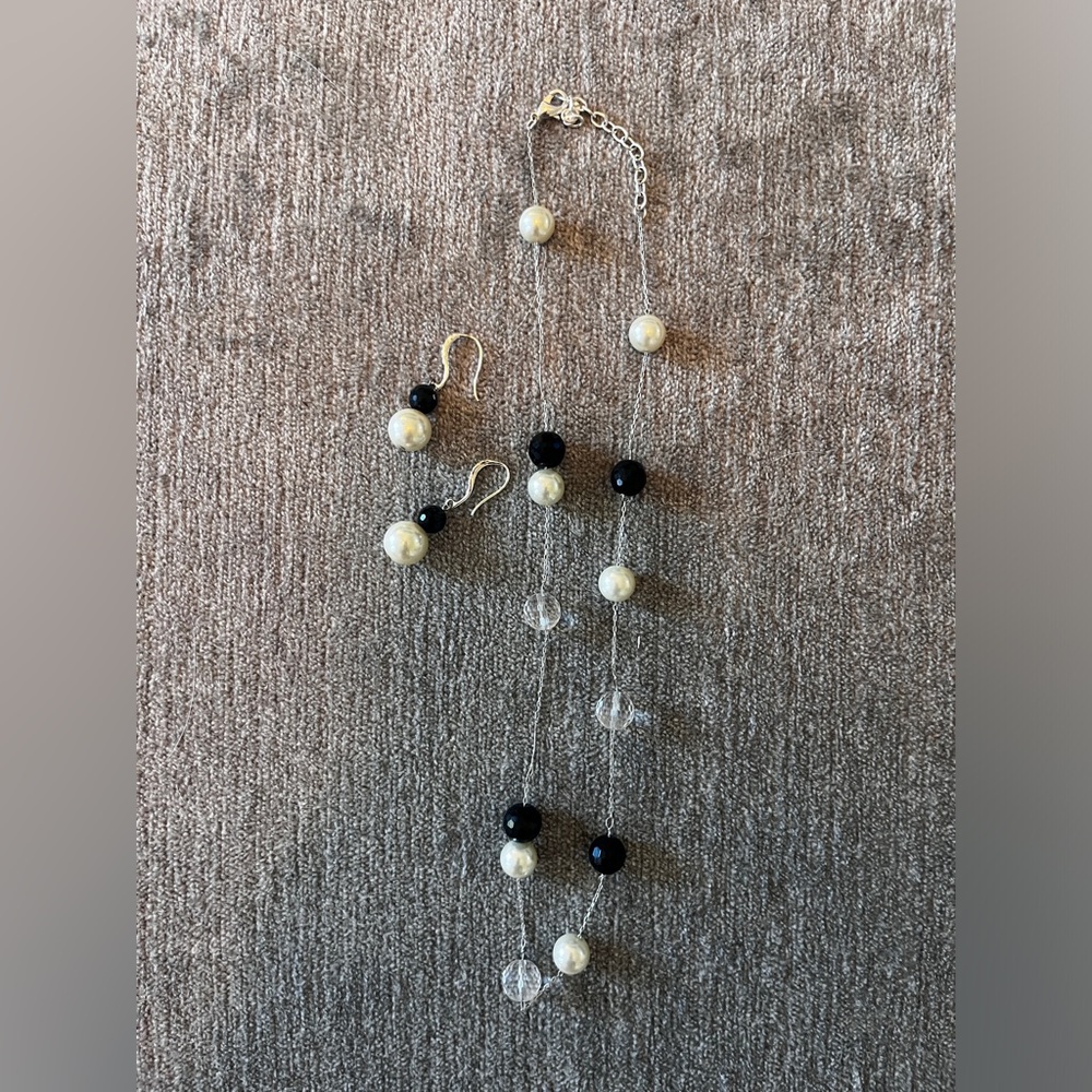 WHBM Pearl and black stone necklace and earring set